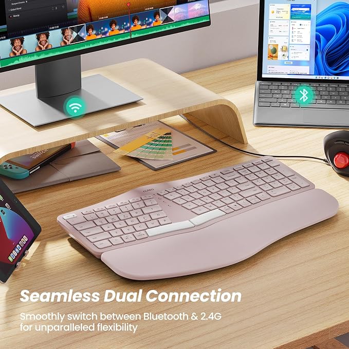 Nulea RT05 Wireless Ergonomic Keyboard, Split Keyboard with Wrist Rest, USB-C Charging, 7-Color Backlight, Natural Typing, Bluetooth and USB Connectivity, Compatible with Windows/Mac(Pink) - Image 7
