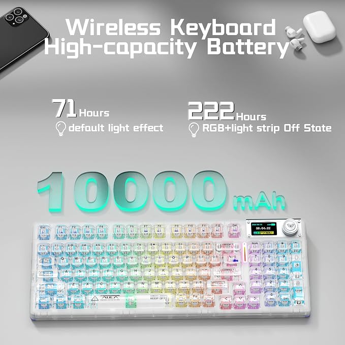 Aula F98Pro V3 Wireless Mechanical Gaming Clear Keyboard with Screen & Knob | Triple-Mode Hot Swappable, Gasket Mount Linear Switches, Clear Keycaps RGB Backlit, TFT Screen 10000mAh Battery for PC/Office - Image 8