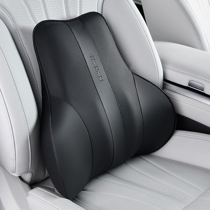 Coverado Lumbar Support Pillow for Car, Ergonomic Memory Foam Back Pillow for Office Chair, New Back Cushion for Pain Relief, PU Leather Car Lumbar Support for Driving Seat Black by COVERADOAUTO