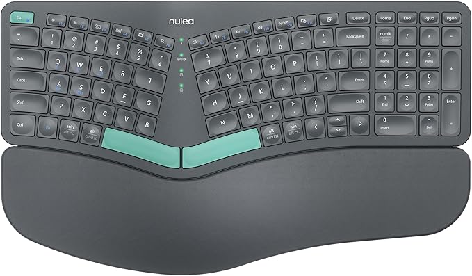 Nulea Ergonomic Split Keyboard Wireless Cushioned Wrist Rest Rechargeable | Bluetooth 2.4G Keyboard With 3 Device Switching, Adjustable Tilt Legs, Comfortable Design for Windows and Mac by Nulea