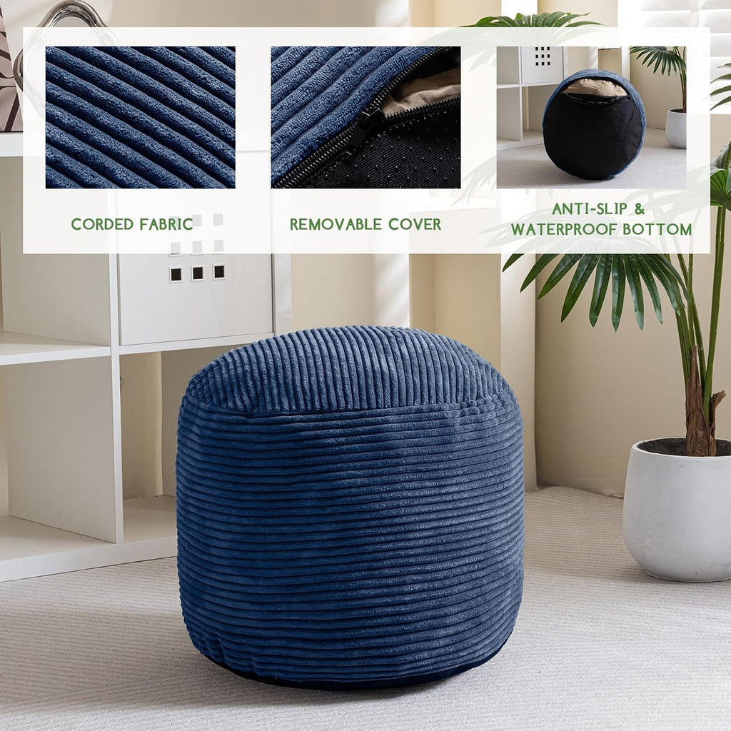 HIGOGOGO Round Stuffed Pouf Ottoman, Corduroy Poufs with Foam Chunk Filling, Furry and Fluffy Pouf Foot Stool Storage Ottoman, 20 X 15 Floor Poufs Foot Rest for Living Room, Bluestone - Image 3