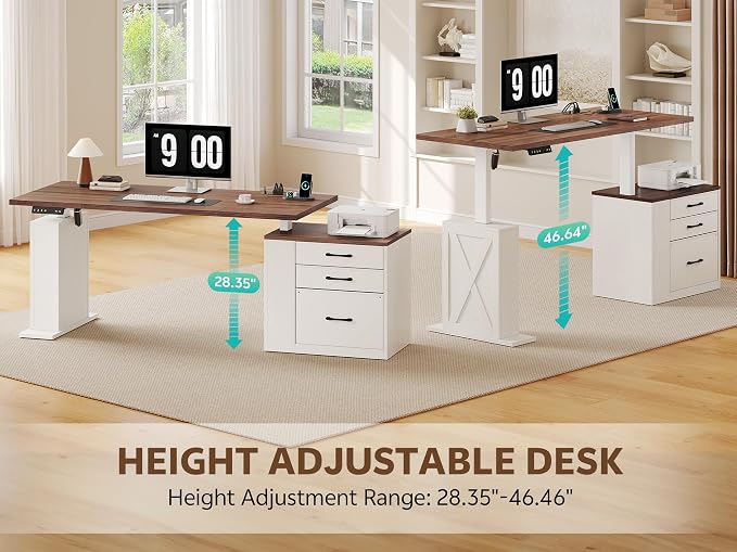 75.5 Inches Electric Standing Desk with Drawers Farmhouse Sit Stand Desk with Storage Adjustable Height Computer Desk with Power Outlets Printer Space for Home Office White and Walnut - Image 4