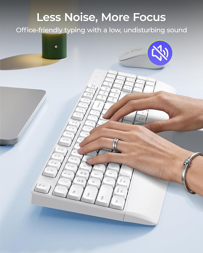 seenda COE200 Wireless Bluetooth Keyboard and Mouse Combo with Wrist Rest | USB/Bluetooth multi-device switching, quiet clicks, full-size ergonomic set for PC, laptop, Mac, and MacBook, White - Image 3