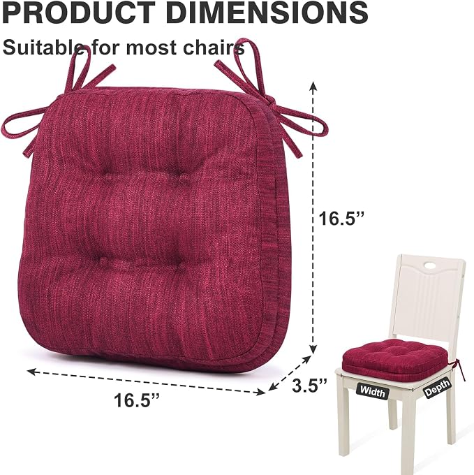 Shinnwa Kitchen Chair Cushions Set of 6, Dual-Layer Memory Foam Dining Chair Cushions, Patented Design Seat Pads with Ties, 16.5 x 16.5 x 3.5in, 6 Pack, Burgundy - Image 6
