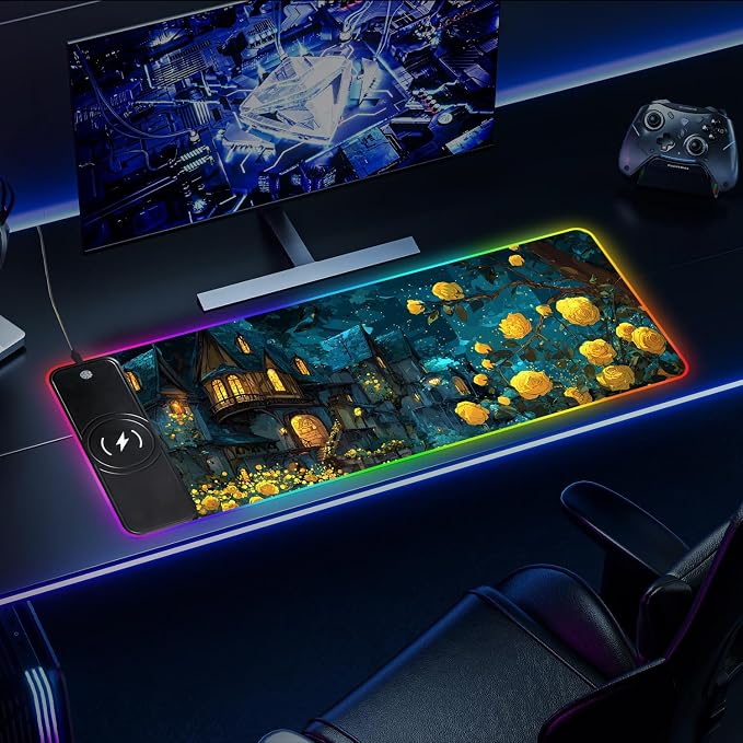 Wireless Charging RGB Gaming Mouse Pad, 31.5 x 11.8 Inch Extended Mouse Mat with Fantasy Castle & Rose Design, LED Desk Pad with 7 Lighting Modes, Non-Slip Base for Gaming & Office - Image 8