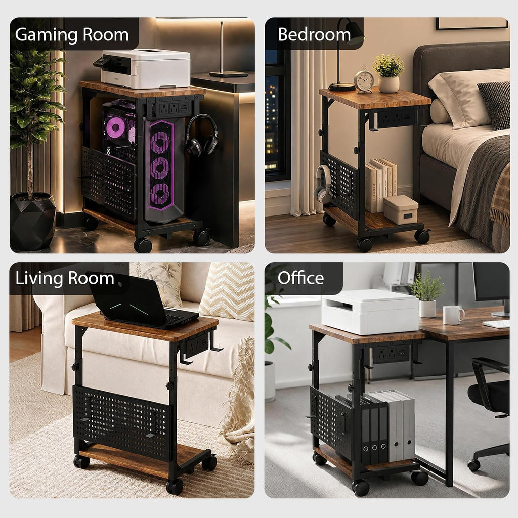 Adjustable Computer Tower Stand with Charging Station & Pegboard,Brown - Image 9