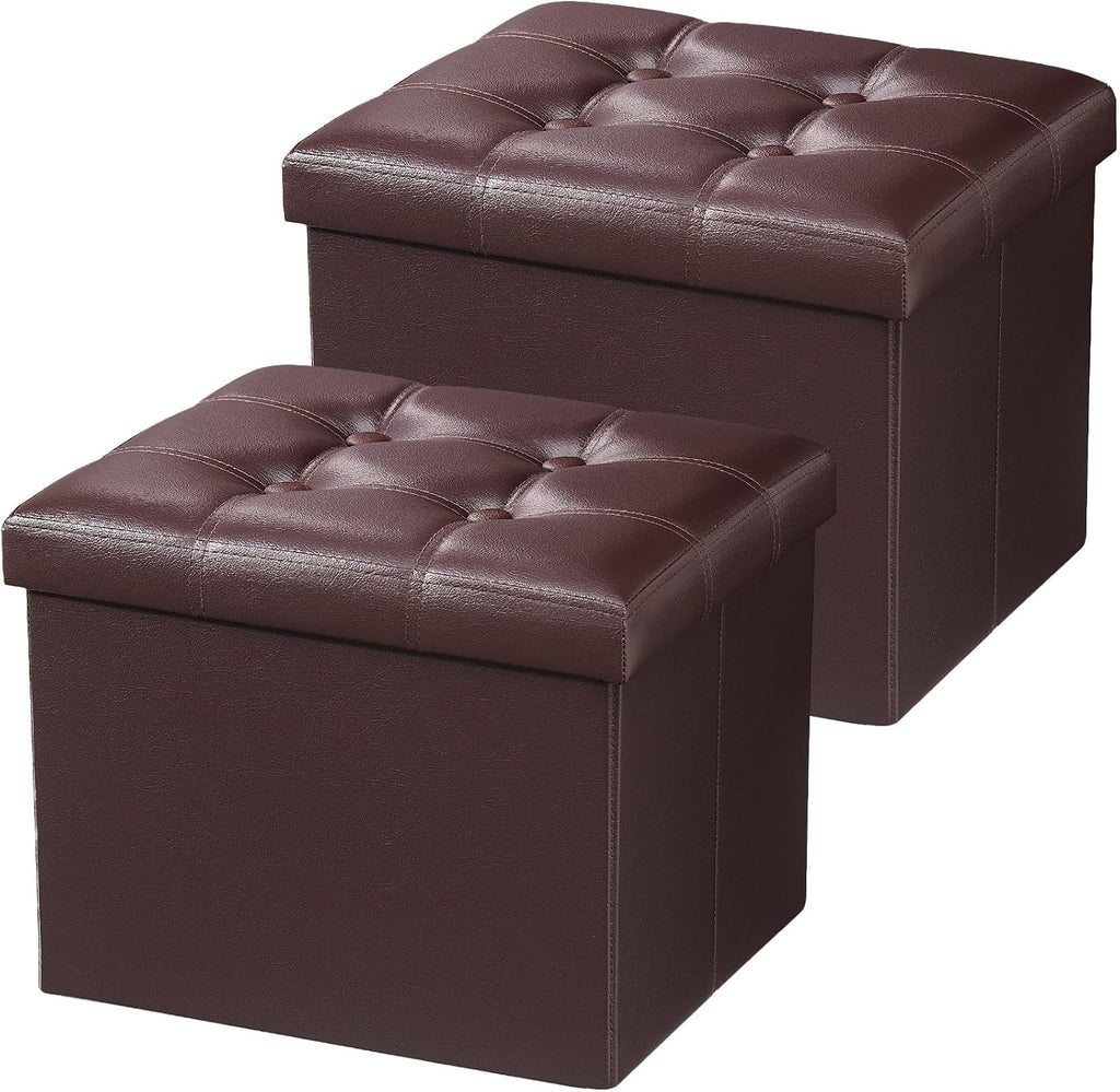 AmasSmile Ottoman with Storage,Folding Stool,17" Leather,Brown 2 Pack by AmasSmile