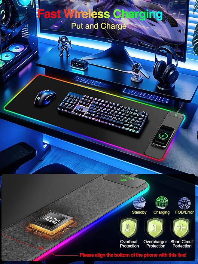 Wireless Charging Mouse Pad Gaming, 31.5"x15.8" Large Desk Mat, Waterproof | RGB Mousepad, Smooth Glide, Stitched Edge, Non-Slip Rubber Base, Desk Pad Computer Keyboard Mat, No Adapter - Image 4
