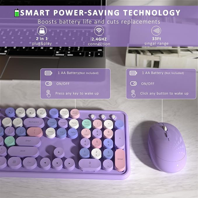 Links9+ Colorful Wireless Keyboard and Mouse Combo (Purple Colorful) | Full-Size Retro Typewriter Style Keyboard with Vintage Round Keycaps, 2.4G Wireless Set for Windows, Mac, Laptop, PC, Tablet - Image 5