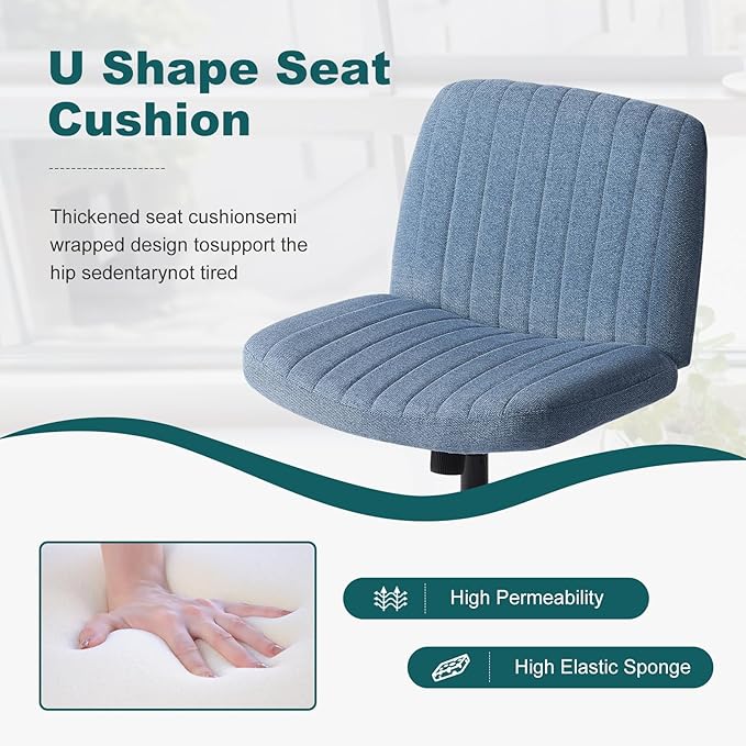 OLIXIS Criss Cross Chair, Vanity Chair, Home Office Desk | Height Adjustable, Comfy Fabric, Armless Wide Seating for Bedroom Student Study Room, Blue No Wheel - Image 7