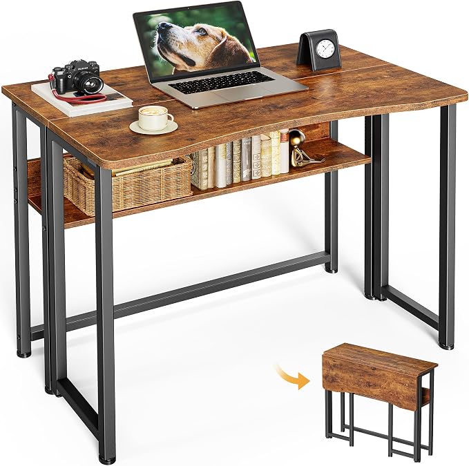 Huuger Folding Desk with Storage Shelf, 31.5 Inch Foldable Computer Table | Writing Work Office Computer Desk for Small Spaces, Space Saving Sofa Table for Couch, Easy to Fold, Rustic Brown by Huuger
