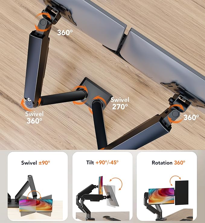 Dual Monitor Stand Adjustable Monitor Desk Mount for 17″–32″ Computer Screens, Full Motion VESA Pattern 75x75/100x100 with C-Clamp & Grommet Aluminum Base, Each Arm Holds 4.4 to 20 lbs HD09B-201 - Image 4