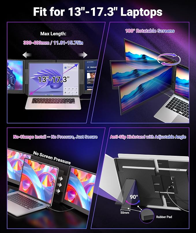 15.6" One-Cable Laptop Screen Extender, Ultra-Thin 1080P FHD Triple Portable Monitor, Travel Monitor for 13–17.3" Laptop, USB-C/USB-A Connection, Dual Monitor for Mac/Windows/Android(Driver Required) - Image 5