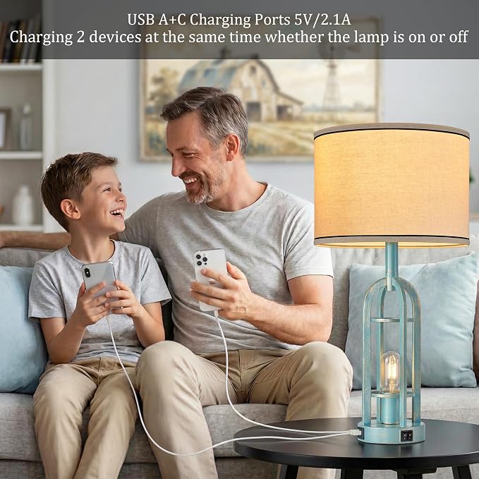 SRJJA Table Lamps for Living Room Set of 2 - Modern Farmhouse Lamps for Night Stands with Night Light & USB A+C, 24" Vintage Bedside Lamp for Bedroom, Bulbs Included - Image 3