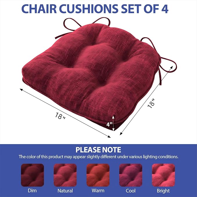 IPYNBAP Chair Cushions for Dining Chairs Set of 4, Red Kitchen Chair Cushions, Chair Pads with Ties and Non Slip Backing, Christmas Room Decor, Tufted Memory Foam Seat Cushion 4 Pack, 18"x18"x4" - Image 2