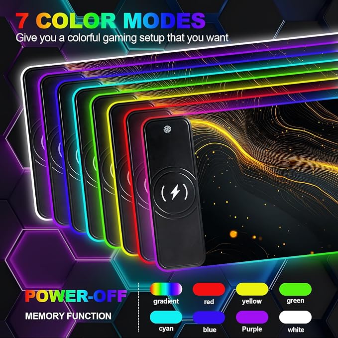 Wireless Charging RGB Gaming Mouse Pad, 31.5 x 11.8 Inch Extended Mouse Mat with Black & Gold Abstract Wave Design, LED Desk Pad with 7 Lighting Modes, Non-Slip Base for Gaming & Office - Image 3