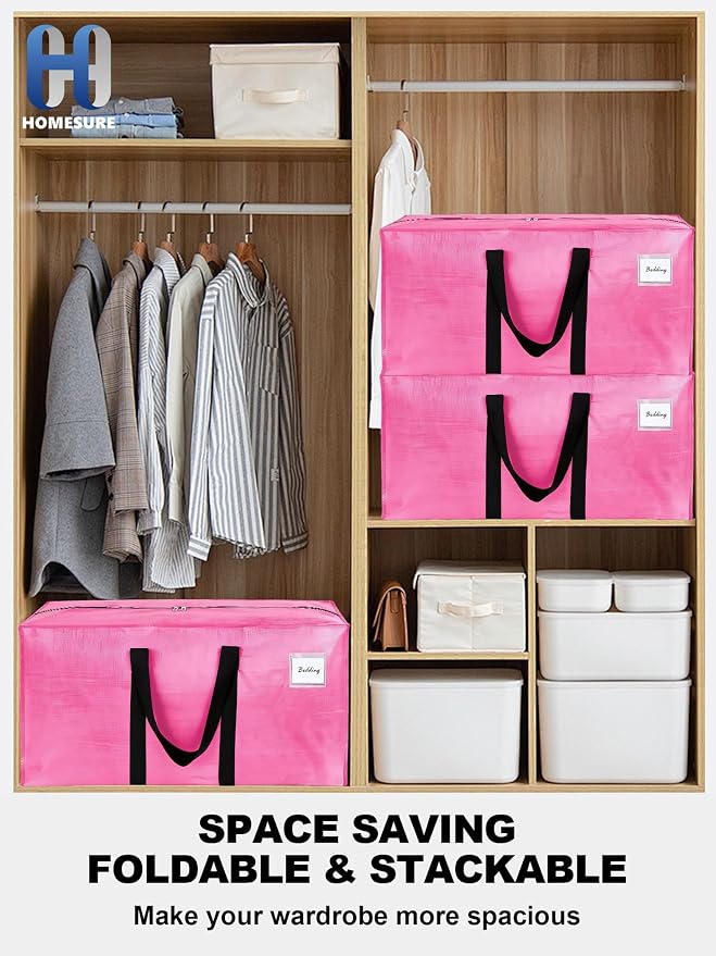 HOMESURE Supports 200lbs Heavy Duty Moving Bags - Strong Zipper & Wrap-Around Handles - Water-Resistant Storage Totes, Durable Alternative to Moving Boxes - 4 Pack - Pink - Image 6