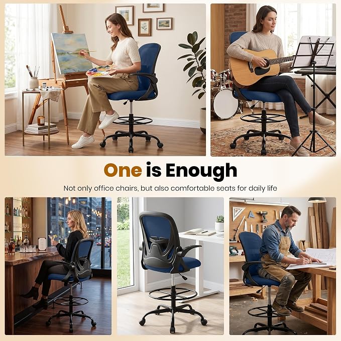 Drafting Chair Tall Office Chair with Flip-up Armrests Executive Ergonomic Computer Standing Desk Chair with Lumbar Support and Adjustable Footrest Ring (Navy) - Image 5