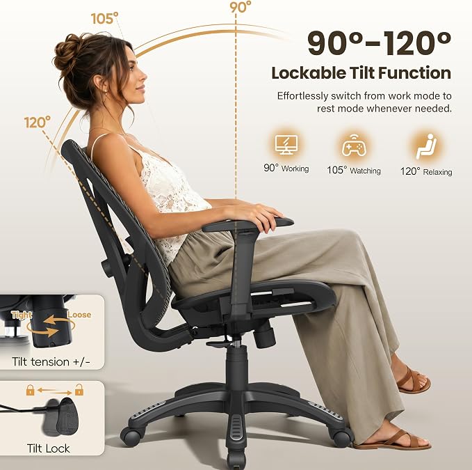 Ergonomic Office Chair, Mesh Computer Desk Chairs with Adjustable Lumbar Support, 3D Armrests, Tilt Function, Comfy Wide Seat, Swivel Executive Work Task Chair for Company and Home - Image 8