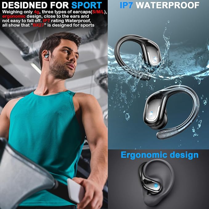 Wireless Earbud, 75Hrs Bluetooth 5.4 Headphones IP7 Waterproof for Sport, Running Wireless Earphones with ENC Noise Cancelling Mics, Deep Bass Over Ear bud with Earhooks for Android, iOS, Workout, Gym - Image 4