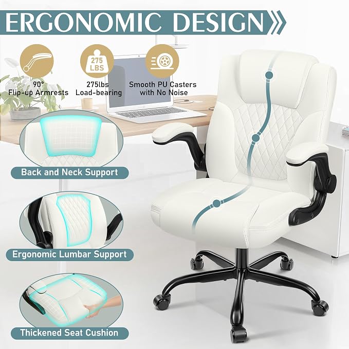 Leather Office Chair, PU Home Computer Desk Chairs with Ergonomic Back Support, 360°Swivel Free，Small Gaming Chair with Wheels and Adjustable Armrests, for Short People Use - Image 6