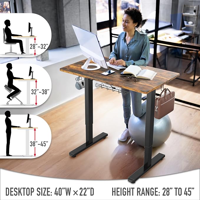 SHW 40 x 22 Inches Electric Height Adjustable Stand Desk, Rustic Brown | with Hanging Hooks and Cable Management, Black Frame and Rustic Brown Top - Image 5