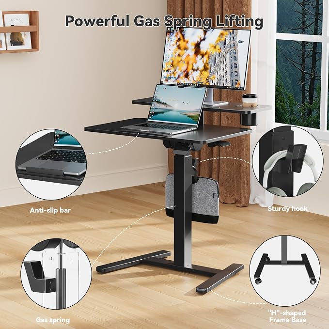 28" Mobile Standing Desk, Tiltable Top with 2-Tier Shelves, Black | Pneumatic Rolling Desk, Adjustable Height Computer Workstation, Sit Stand Portable Drafting Table & Laptop Cart on Wheels - Image 5