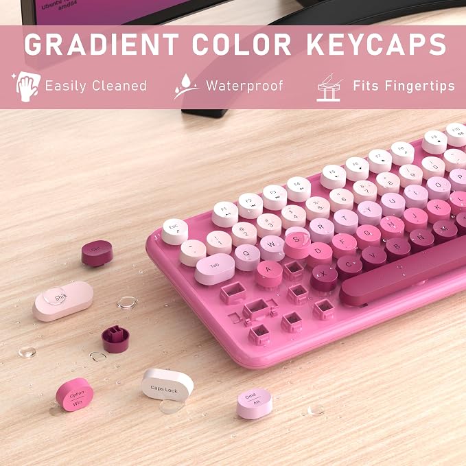 Links9+ Colorful Wireless Keyboard and Mouse Combo (Dark Pink Gradient) | Full-Size Retro Typewriter Style Keyboard with Vintage Round Keycaps, 2.4G Wireless Set for Windows, Mac, Laptop, PC, Desktop - Image 2