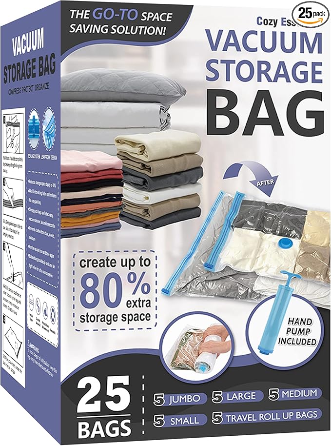 Vacuum Storage Bags with Hand Pump, Vacuum Seal Space Saver Bags,25 Combo | 80% Space-Saving Bags for Clothing, Blankets, Pillows, Bedding & Comforters; Multi-Size Variety Pack for Home & Travel by CozyEssential