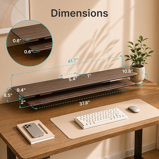 Dual Clamp-On Wooden Monitor Stand, 41.7" 2-Tier Desk Riser Organizer | Monitor Stands Riser for 2 Monitors，Magnetic Back Panel,Fit Computer & Laptops,for Home Office - Image 8