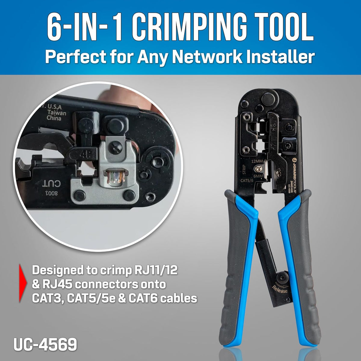 Jonard Tools TK-145 Network RJ45 Belt Pouch Tool Kit - 12-Pocket Tool Pouch, 6-in-1 Screwdriver, Scissors, Pliers, Crimper & Cable Stripper, RJ45 Pass-Through Connectors - Image 3