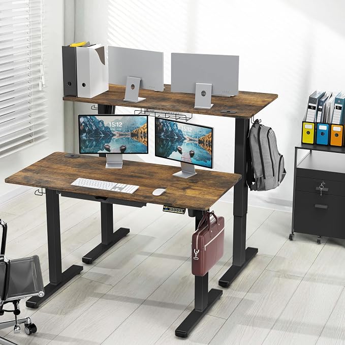 SHW 48-Inch Electric Height Adjustable Standing Desk w/Drawer, Rustic Brown | w/ Memory Presets and Cable Management | Drawer with adjustable compartments | Hanging Hooks - Image 2