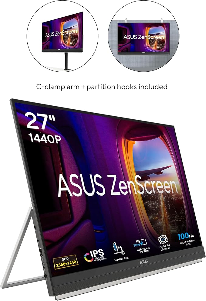 ASUS ZenScreen MB27ACF 27 Inch 1440p 100Hz USB-C Portable Monitor | USB-C PD 70W, C-clamp Arm, Speakers, Partition Hook, Kickstand, IPS, Subwoofer, Carrying Handle ,Display for MacBook and PC - Image 2