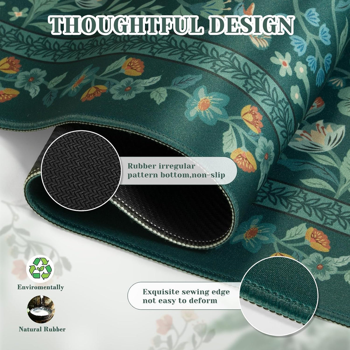 iCasso Aesthetic Flower Mouse Pad,23.6x13.7in,Deep Green - Image 4