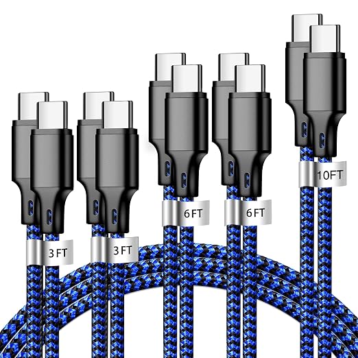USB C to USB C Cable, 5 Pack Type C Fast Charger Cord (BlackBlue) | 3/3/6/6/10ft Nylon Braided Data Transfer Wire for iPhone 17/16/15 Plus/Pro Max iPad Air Ps5 Controller Samsung Galaxy by CUGUNU
