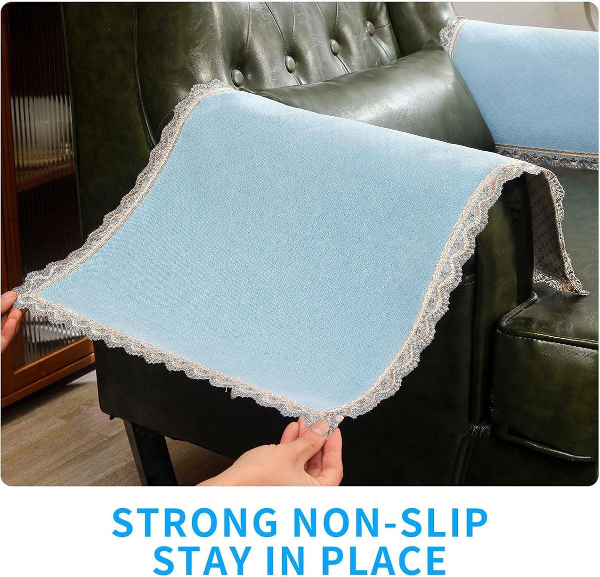 MINJIATEX Couch arm Covers,Non-Slip lace Sofa arm Covers Set of 2 Washable Sofa armrests Cover for Living Room Recliner Chair arm Cover Protectors for Leather armrest (YC-Baby Blue) - Image 4