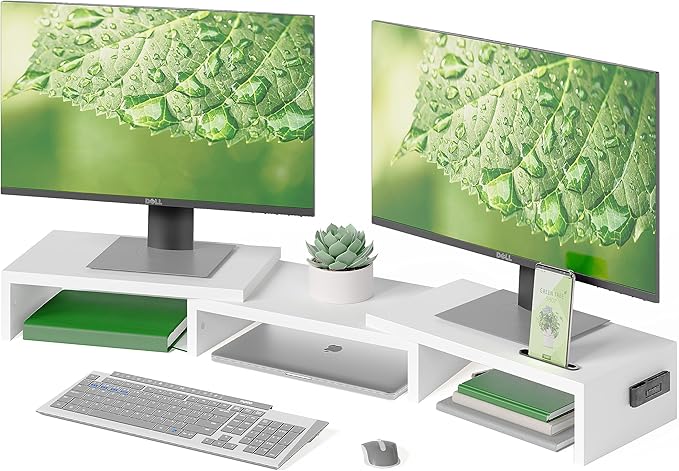 BONTEC Dual Monitor Stand Riser, Adjustable Length & Swivel Angle, White | Ergonomic Wooden Desktop Organizer with Smartphone Holder, Computer Monitor Stand for PC, Laptop, Printer and Large Storage by BONTEC
