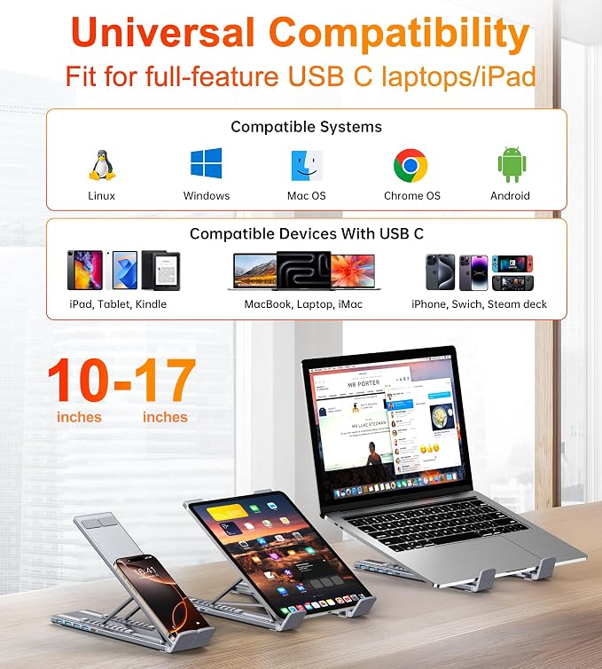 5-in-1 USB C Hub Adjustable Aluminum Laptop Stand | 4-Port USB A 3.0 with 5Gbps Data Transfer USB C Hub Docking Station [Charging Not Supported] for Mac Pro/Air/Dell/HP/Lenovo - Image 5