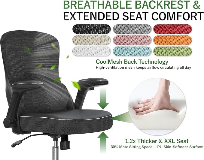 400LB Office Chair: Mesh Ergonomic Desk Chair Comfy with Lumbar Support | Computer Chair Ergonomic Gaming Chairs for Adults with Wheels&Flip up Armrests-Swivel Executive Task Chairs (Leather-Black) - Image 3