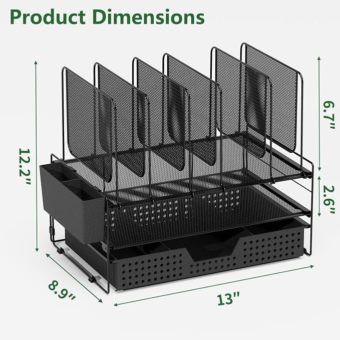 LEKETREE Desk Organizer, Office Organization with Vertical File Holder, File Organizer with Drawer and Pen Holder, Desk Accessories and Workspace Organizers for Home Office (Black) - Image 7