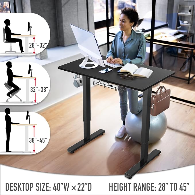 SHW 40 x 22 Electric Height Adjustable Sit to Stand Desk, Black | with Hanging Hooks and Cable Management, Black Frame and Black Top - Image 5