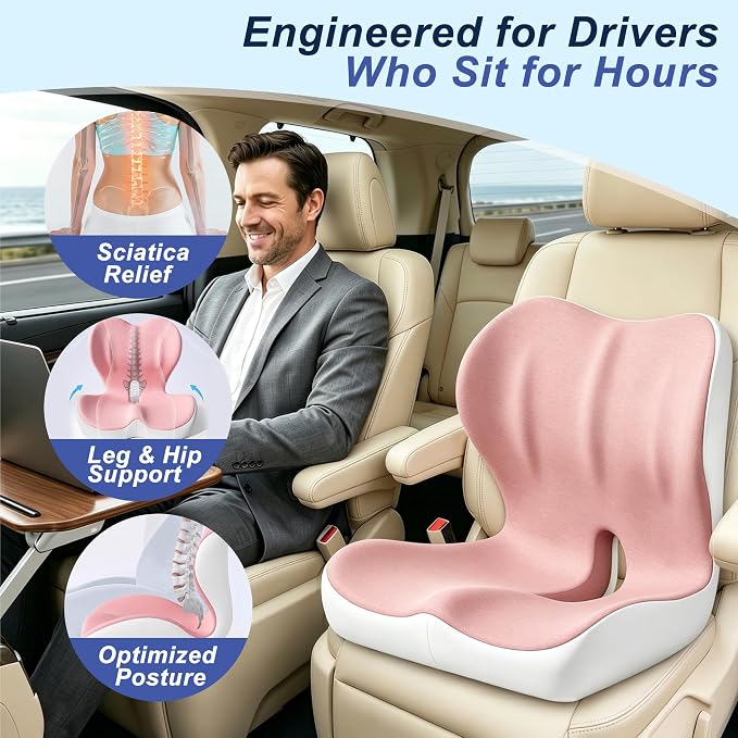 Seat Cushion for Office Chair and Car, Ergonomic Memory Foam Seat Cushion with Lumbar Support Pillow, Orthopedic Cushion for Sciatica & Back Pain, Pink & Light Gray - Image 6