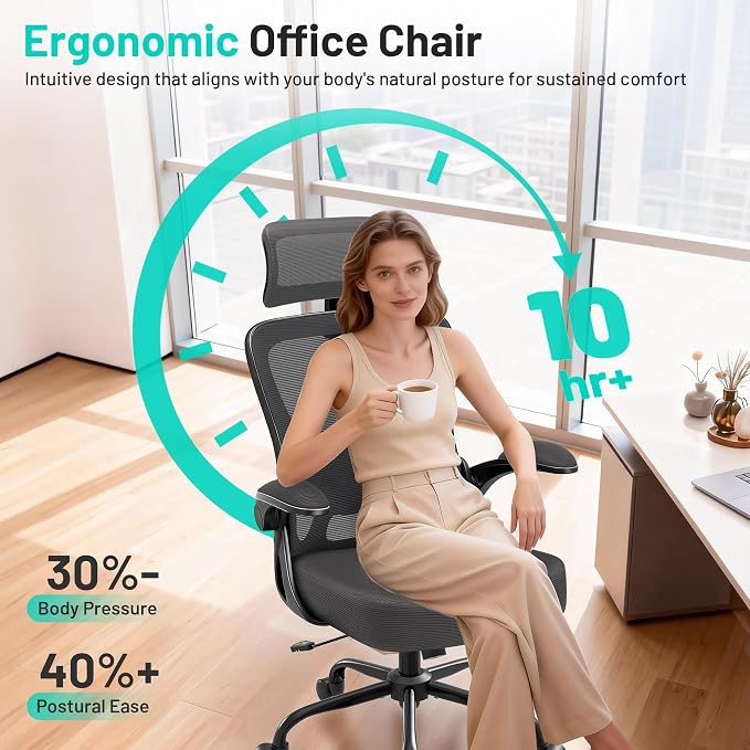Office Chair - Ergonomic Desk Chair Breathable Mesh Chair with 2D Headrest & Adjustable Lumbar Support - Executive High Back Rolling Swivel Computer Gaming Chair with Wheels Flip-up Armrests - Image 6