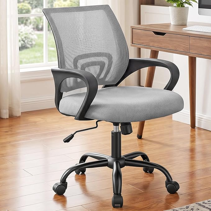DUMOS Ergonomic Office Chair, Executive Desk Chair with Lumbar Support | Mid Back, Breathable Backrest, Fixed Armrest, Height Adjustable, 360° Swivel, Computer Gaming, Meeting, Grey by DumosLifestyle