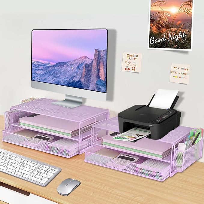 AUPSEN Computer Monitor Stands Riser，2-Tier Desk Organizers and Accessories, Office Desk Accessories Organizer with Drawers and 2 Pen Holder for Office Supplies (Purple) - Image 7