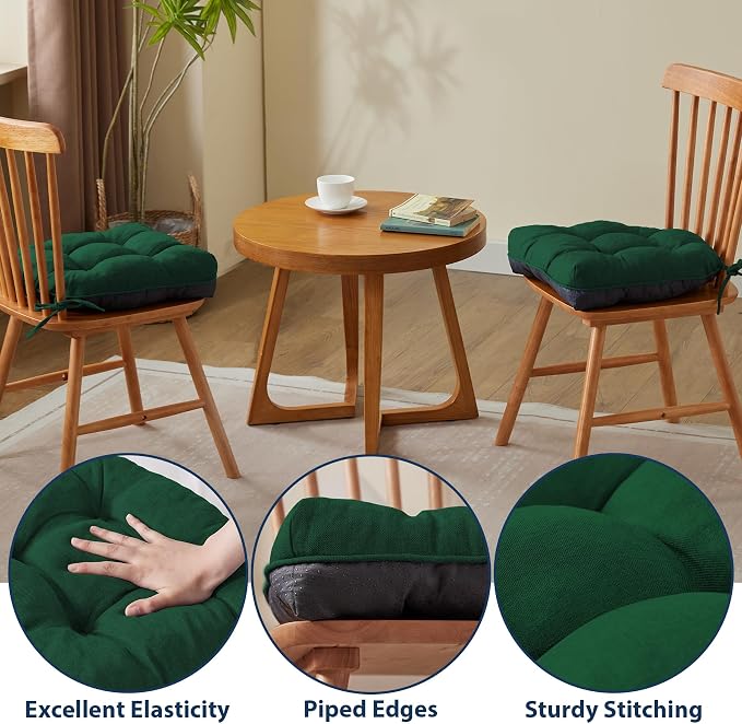 IASEAHK Chair Cushions for Dining Chairs, 15.5" x 15.5" x 4", Dark Green | Set of 4, Tufted Foam, Non Slip, With Ties, Machine Washable,Seat Cushions for Indoor&Kitchen&Dining Room - Image 5