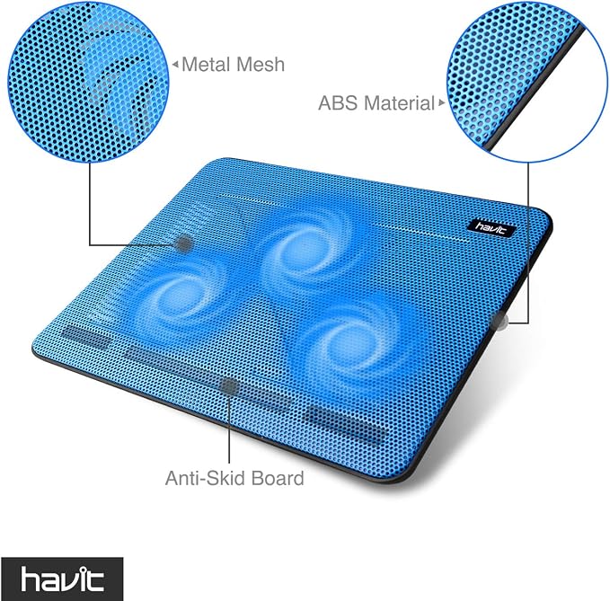 Havit HV-F2056 15.6-17 Inch Laptop Cooler Cooling Pad - Slim Portable USB Powered (3 Fans) (Blue) | Three quiet USB-powered fans circulate air below the laptop, two height settings improve viewing and typing comfort - Image 5