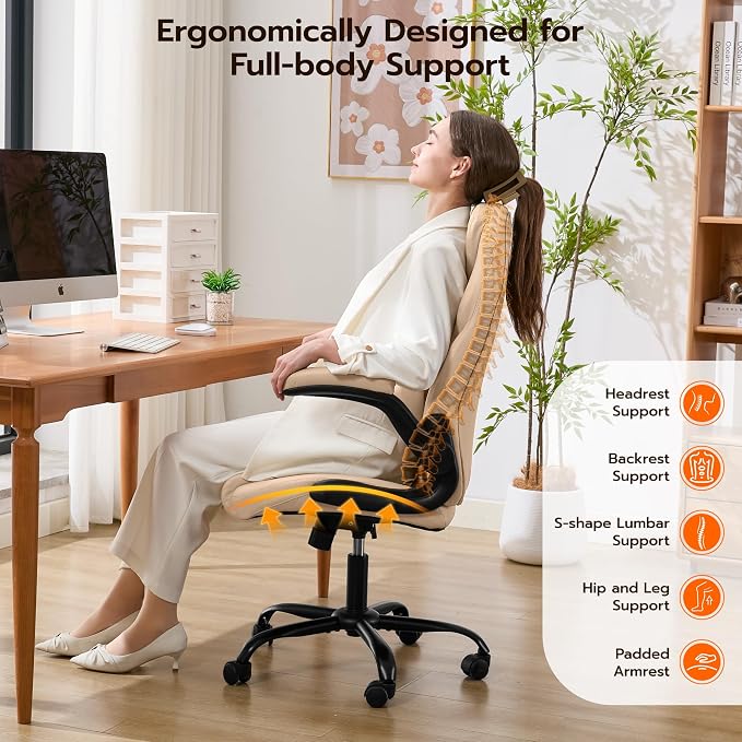 Ylzyxal Office Desk Chair, Ergonomic Computer Chair with Padded Flip-Up Arms and Adjustable Lumbar Support, PU Leather Executive Chair with Tilt Lock and 360° Swivel Rolling Wheels for Work, Study - Image 5