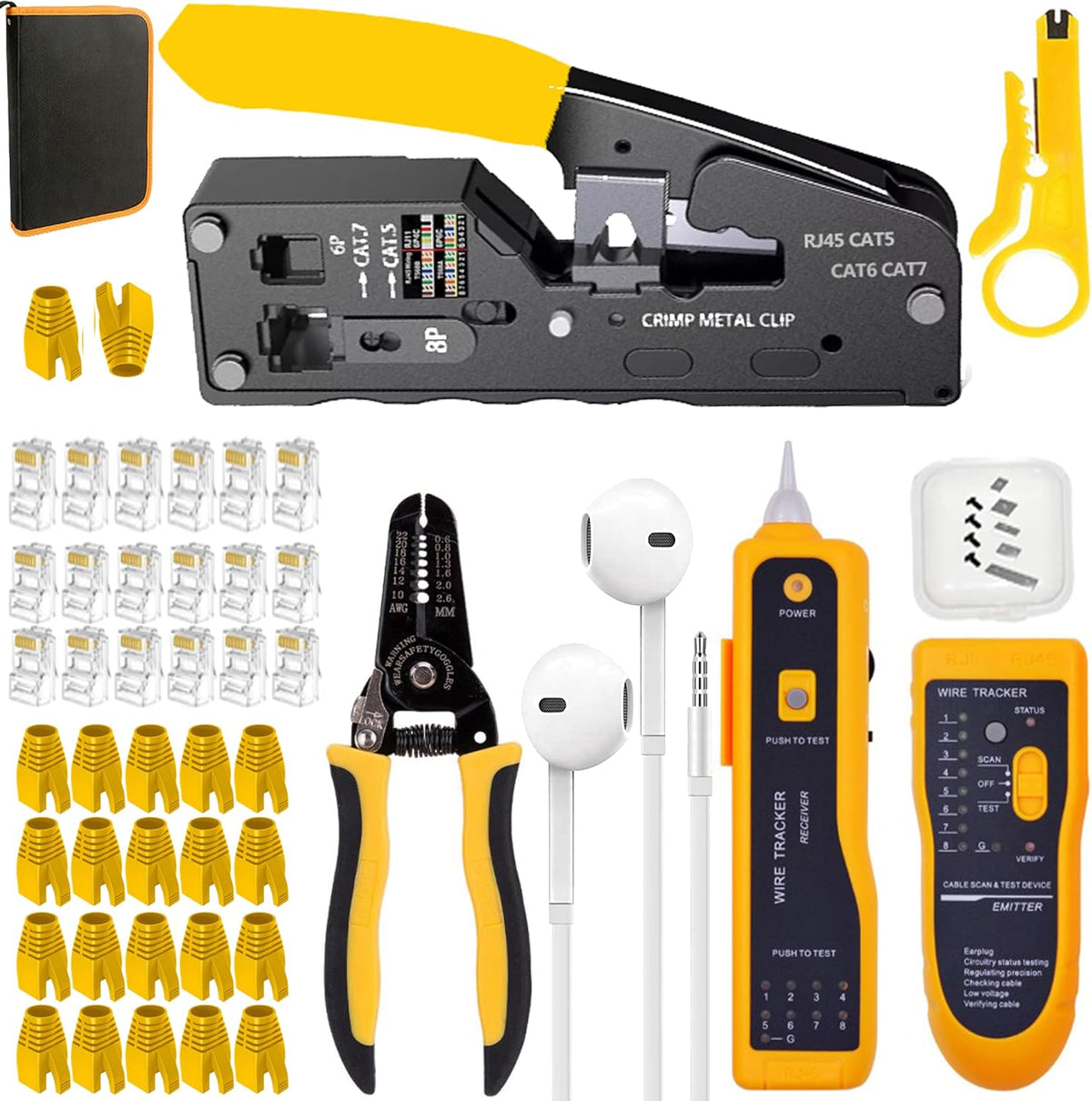 LEATBUY Crimper CAT5/CAT6 Crimping Tool Kit RJ45 Crimp Tool Set for RJ11/RJ12 Pass Through 50PCS Connectors, 50PCS Covers Network Wire Stripper Punch Down Tool Stripper Pliers Cutter (YELLOW) by LEATBUY-TECH