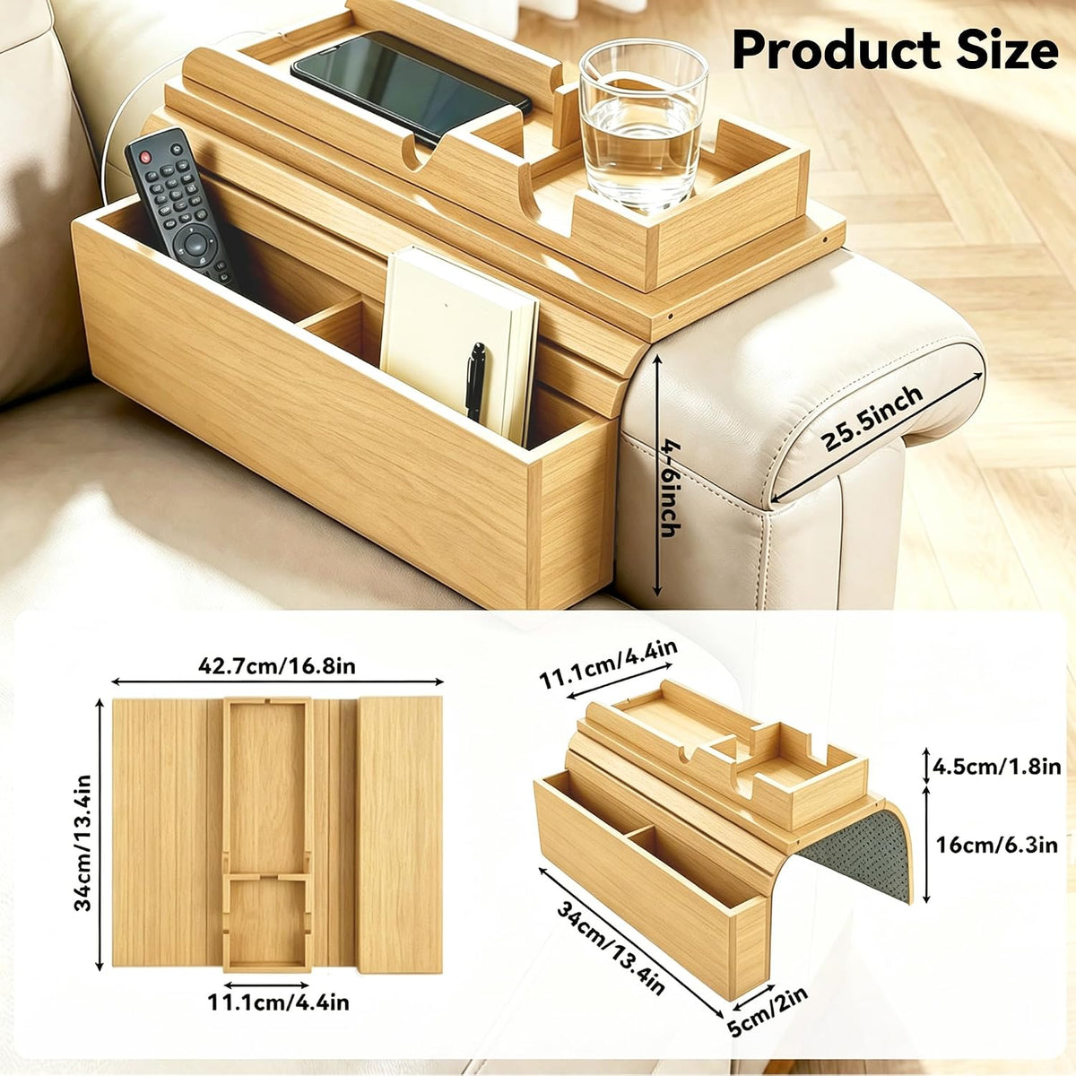 Couch Arm Tray,Foldable Sofa Caddy with Cup Holder,Natural - Image 3